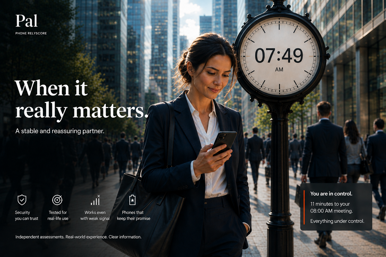 Professional woman in a modern business district at 07:49, calmly navigating to an 08:00 meeting