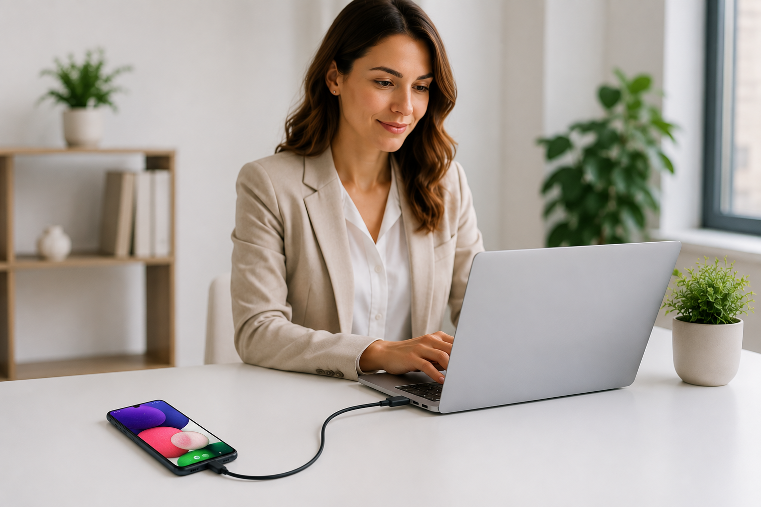 Galaxy A22 5G connected to a laptop by USB tethering